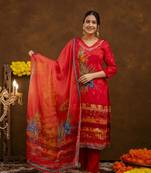 Red Muslin Kurta with Bold Floral Design and Dupatta