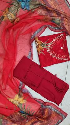 Red Muslin Kurta with Bold Floral Design and Dupatta 5