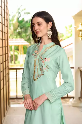 Nikhaar light green hand embroidery art silk straight cut kurta &