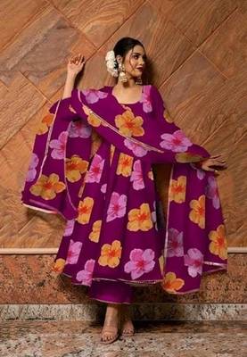 Anarkali Gown Floral Printed  White Georgette Fabric With Pant and Dupatta Set 2