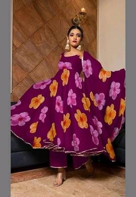Anarkali Gown Floral Printed  White Georgette Fabric With Pant and Dupatta Set 4