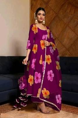 Anarkali Gown Floral Printed  White Georgette Fabric With Pant and Dupatta Set 5