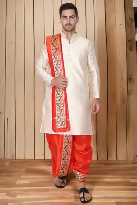 Cobra lifes cream & orange cotton silk dhoti kurta set for men with stole, 3 piece set 1