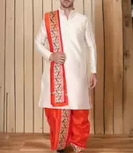 Cobra lifes cream & orange cotton silk dhoti kurta set for men with stole, 3 piece set