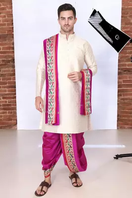 Cobra lifes cream & purple cotton silk dhoti kurta set for men with stole, 3 piece set 1
