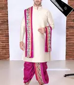 Cobra lifes cream & purple cotton silk dhoti kurta set for men with stole, 3 piece set