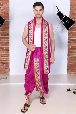 Cobra lifes cream & purple cotton silk dhoti kurta set for men with stole, 3 piece set 3