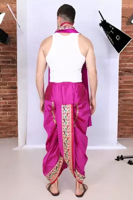 Cobra lifes cream & purple cotton silk dhoti kurta set for men with stole, 3 piece set 5