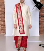 Cobra lifes cream & maroon cotton silk dhoti kurta set for men with stole, 3 piece set