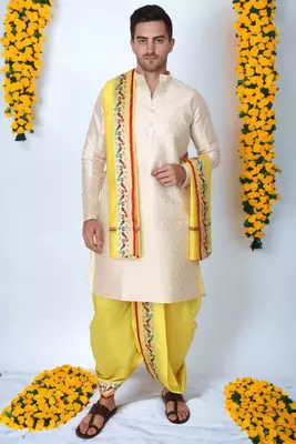 Cobra lifes cream & yellow cotton silk dhoti kurta set for men with stole, 3 piece set 1