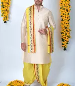 Cobra lifes cream & yellow cotton silk dhoti kurta set for men with stole, 3 piece set