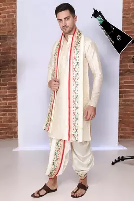 Cobra lifes cream & cream cotton silk dhoti kurta set for men with stole, 3 piece set 1