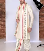 Cobra lifes cream & cream cotton silk dhoti kurta set for men with stole, 3 piece set