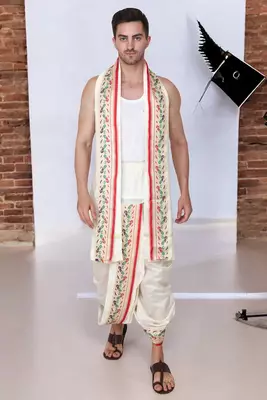 Cobra lifes cream & cream cotton silk dhoti kurta set for men with stole, 3 piece set 3
