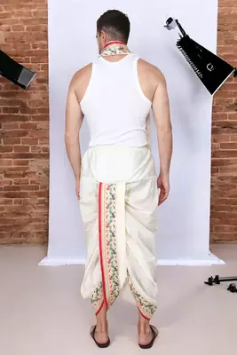 Cobra lifes cream & cream cotton silk dhoti kurta set for men with stole, 3 piece set 4