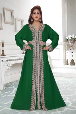 Dark- Green color full sleeves Handmade Moroccan Kaftan with Sun-proof hiijab 1