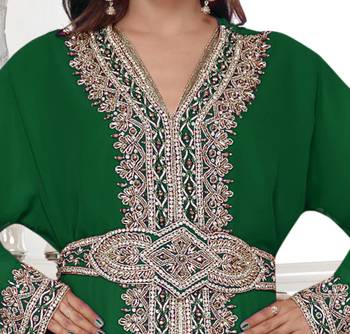 Dark- Green color full sleeves Handmade Moroccan Kaftan with Sun-proof hiijab 2
