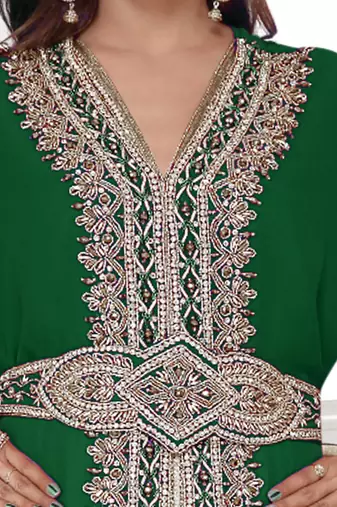 Dark- Green color full sleeves Handmade Moroccan Kaftan with Sun-proof hiijab