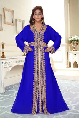 Royal-Blue color full sleeves Handmade Moroccan Kaftan with Sun-proof hiijab 1