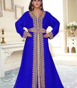 Royal-Blue color luxurious full sleeves Handmade Moroccan Kaftan with Sun-proof hiijab.