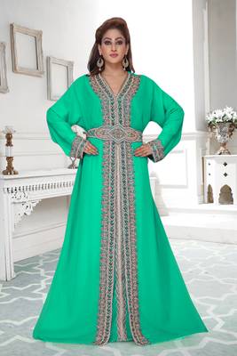 Sea-Green color full sleeves Handmade Moroccan Kaftan with Sun-proof hiijab 1