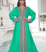Sea-Green color luxurious full sleeves Handmade Moroccan Kaftan with Sun-proof hiijab.