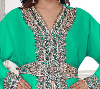 Sea-Green color full sleeves Handmade Moroccan Kaftan with Sun-proof hiijab 2