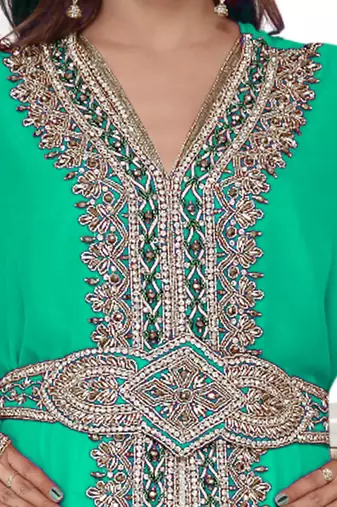 Sea-Green color full sleeves Handmade Moroccan Kaftan with Sun-proof hiijab