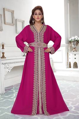 Wine color full sleeves Handmade Moroccan Kaftan with Sun-proof hiijab 1