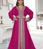 Wine color luxurious full sleeves Handmade Moroccan Kaftan with Sun-proof hiijab.
