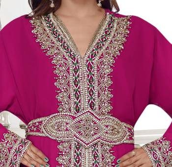Wine color full sleeves Handmade Moroccan Kaftan with Sun-proof hiijab 2