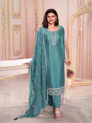 Sky embroidered silk georgette semi-salwar suit 1