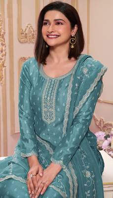 Sky embroidered silk georgette semi-salwar suit 2