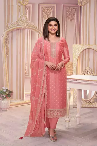 Orange embroidered silk georgette semi-stitched salwar suit