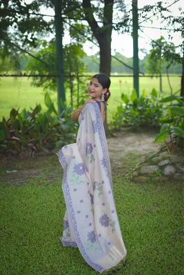 Cream soft muga cotton zari weaving saree festive wear 2
