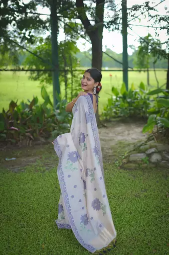 Cream soft muga cotton zari weaving saree festive wear