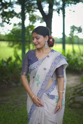 Cream soft muga cotton zari weaving saree festive wear