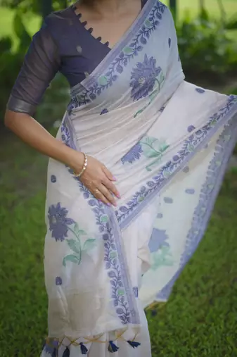 Cream soft muga cotton zari weaving saree festive wear
