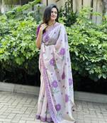 Cream soft muga cotton zari weaving saree festive wear