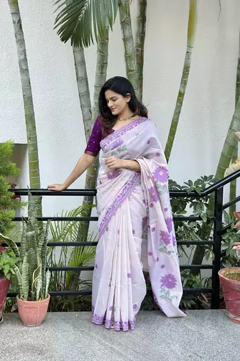 Cream soft muga cotton zari weaving saree festive wear