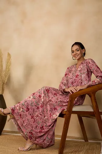 Winered women pink embroidered dress with jacket