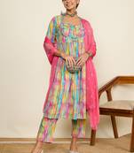 Winered women printed ruched yoke flare kurta, pant & dupatta set
