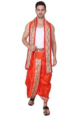 Cobra lifes cream & orange cotton silk dhoti kurta set for men with stole, 3 piece set 2