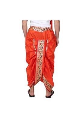 Cobra lifes cream & orange cotton silk dhoti kurta set for men with stole, 3 piece set 3