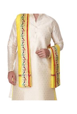 Cobra lifes cream & yellow cotton silk dhoti kurta set for men with stole, 3 piece set 2
