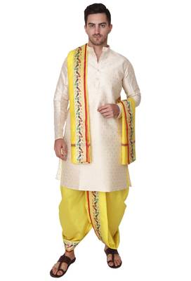 Cobra lifes cream & yellow cotton silk dhoti kurta set for men with stole, 3 piece set 5