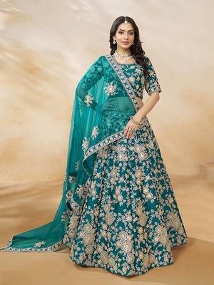 Embroidered Art silk blend Lehenga Choli in Turquoise 2