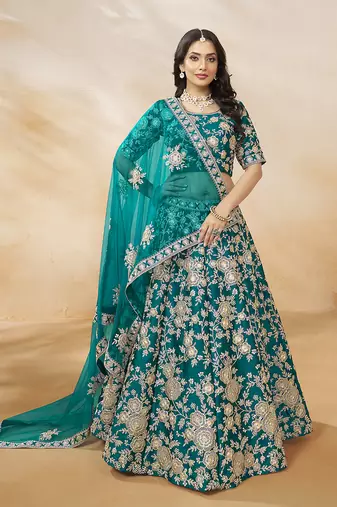 Embroidered Art silk blend Lehenga Choli in Turquoise
