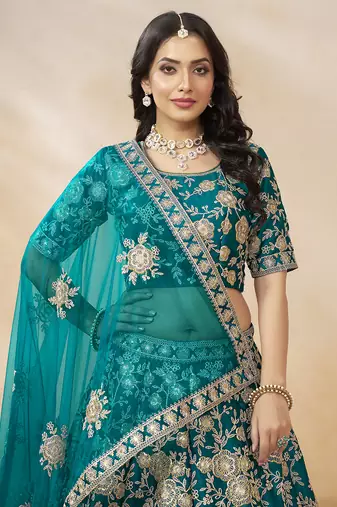 Embroidered Art silk blend Lehenga Choli in Turquoise