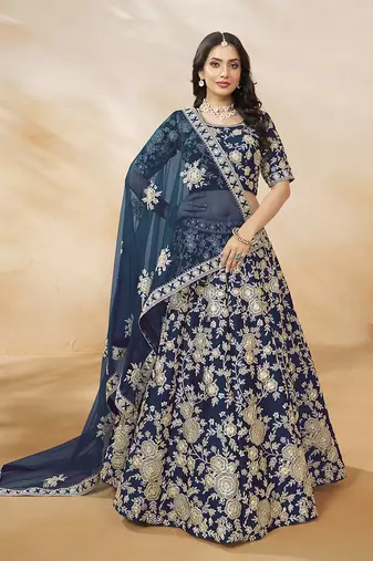 Embroidered Art silk blend Navy Blue Lehenga Choli